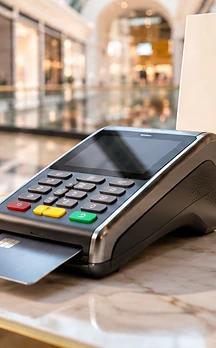 A card tapped on a payment terminal in a mall